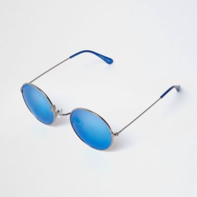 Silver circle lens blue mirror sunglasses